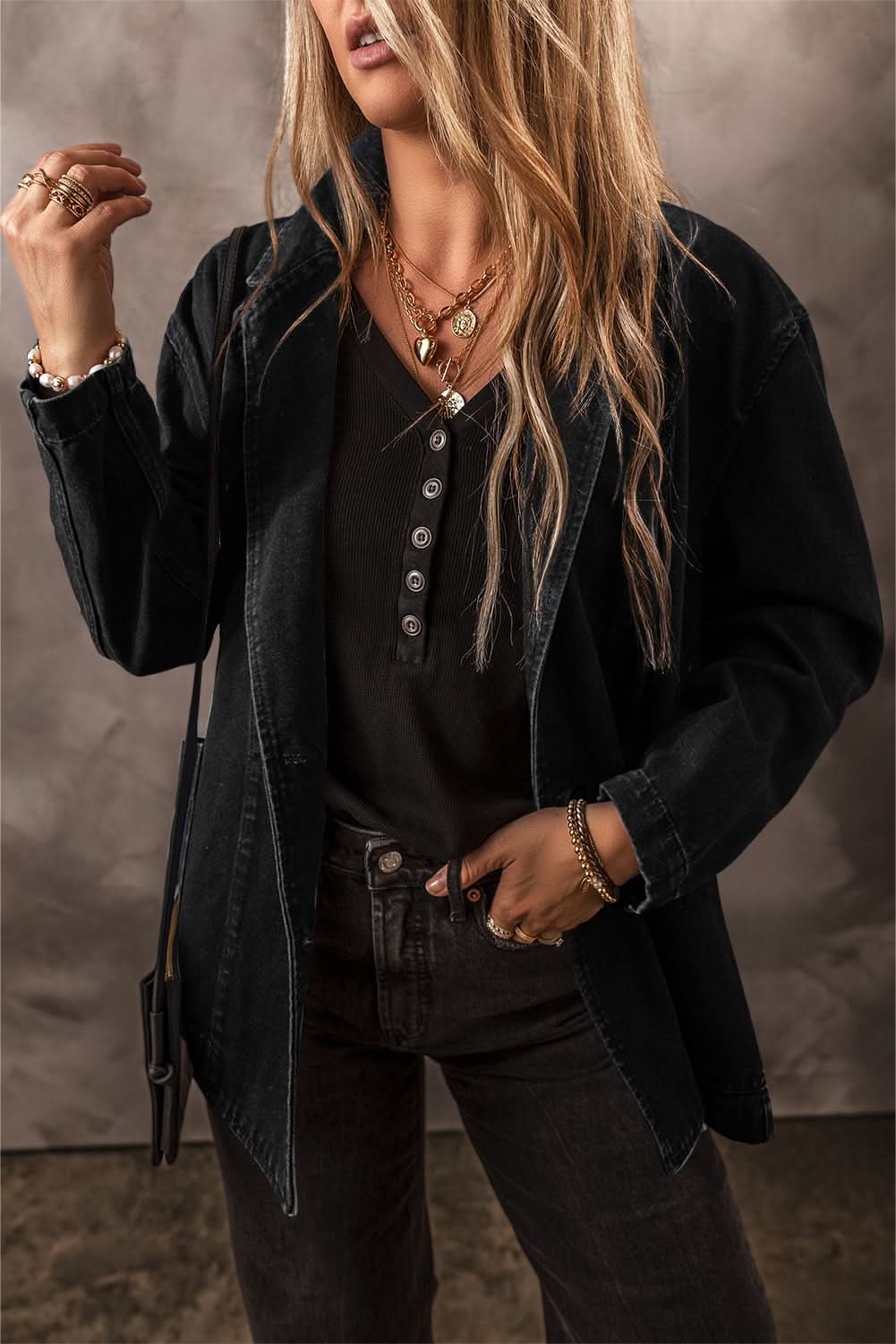 Black Side Pockets Lapel Collar Denim Jacket 