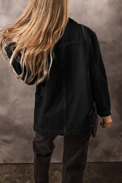 Black Side Pockets Lapel Collar Denim Jacket 