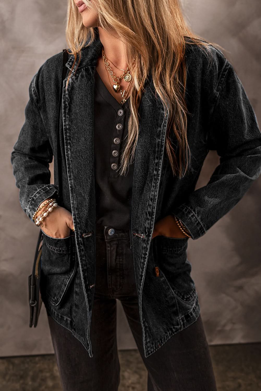 Black Side Pockets Lapel Collar Denim Jacket 