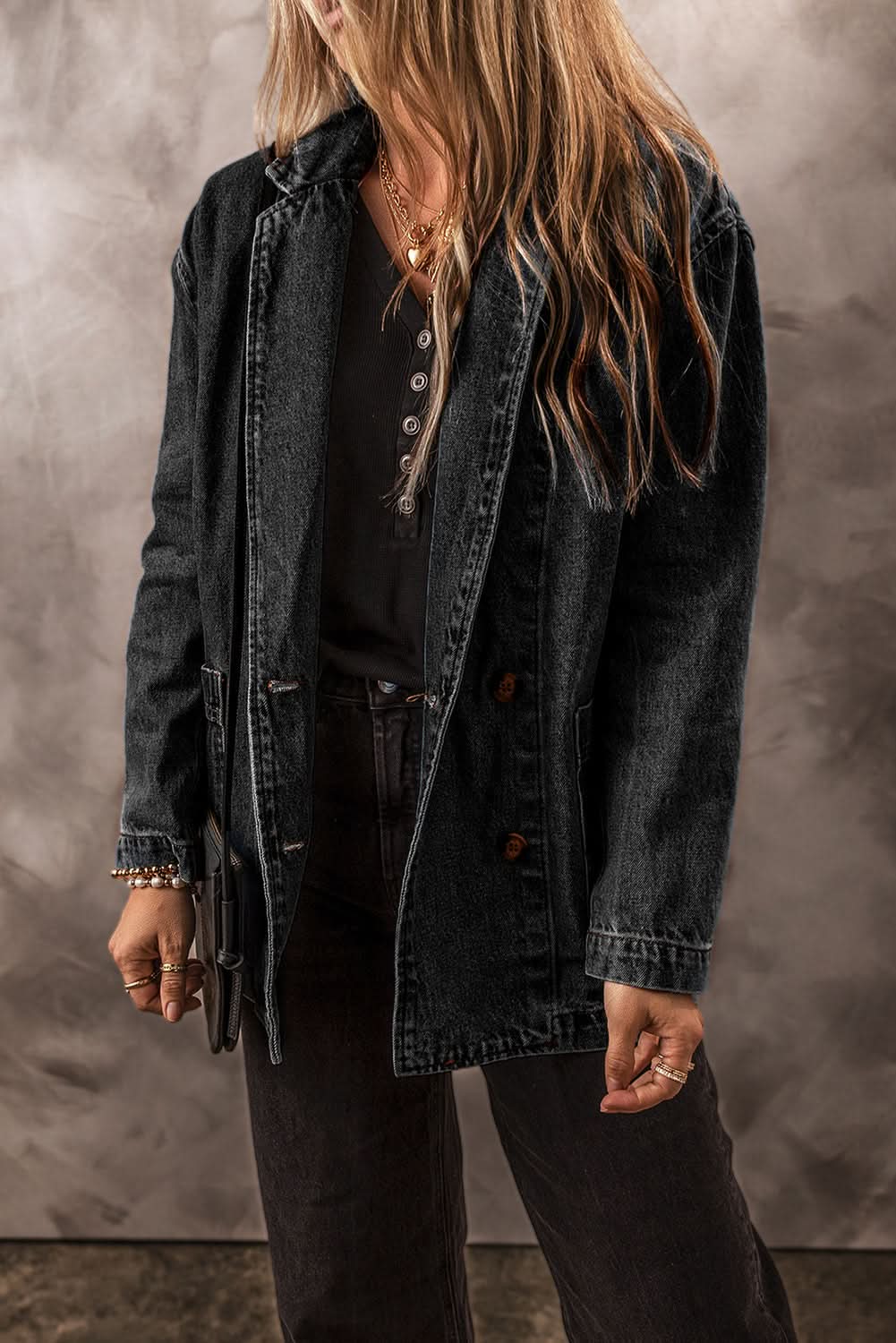 Black Side Pockets Lapel Collar Denim Jacket 