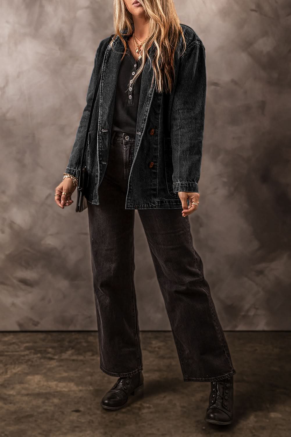 Black Side Pockets Lapel Collar Denim Jacket 