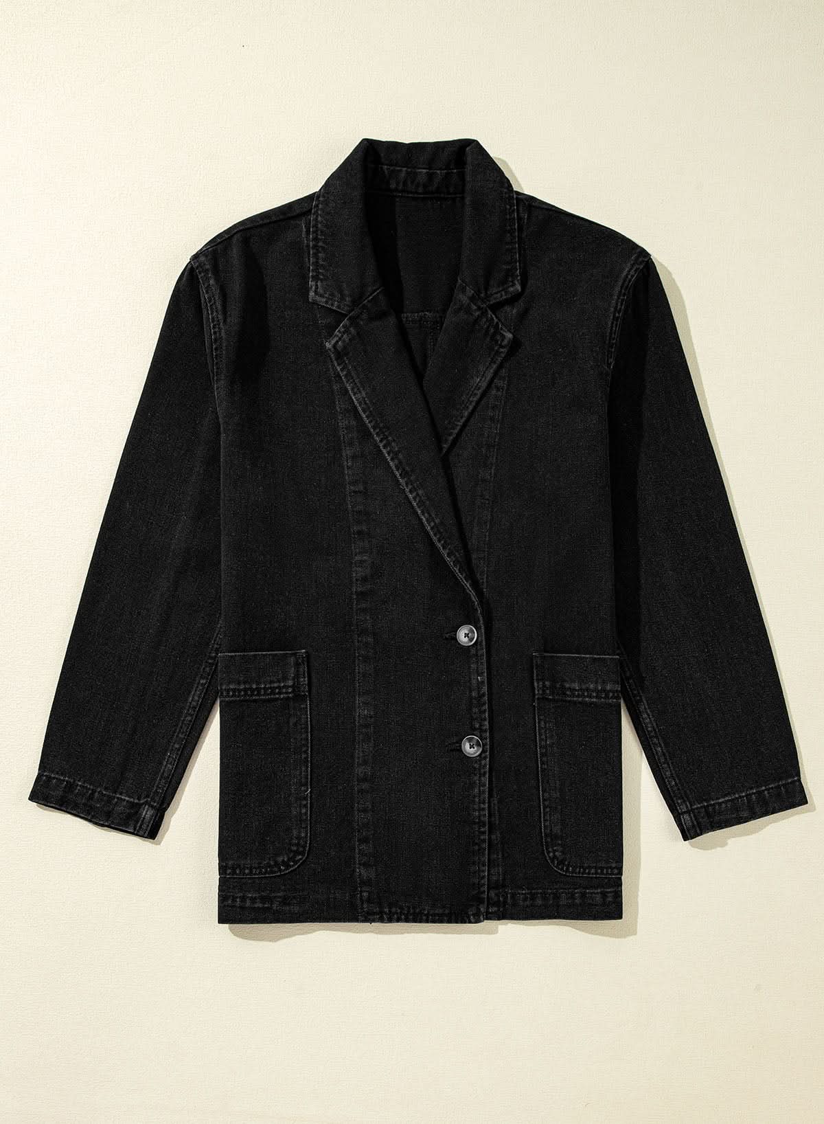Black Side Pockets Lapel Collar Denim Jacket 
