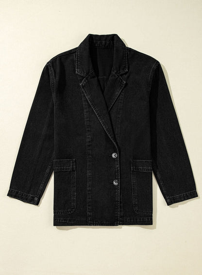Black Side Pockets Lapel Collar Denim Jacket 