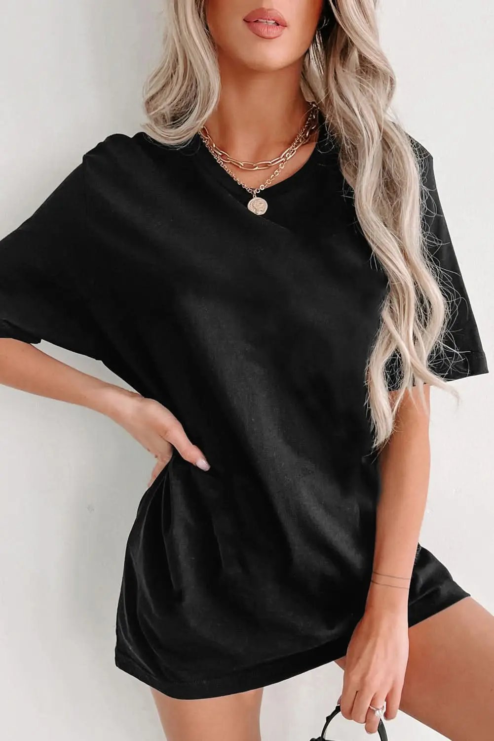Black Solid Color Round Neck Basic Tunic T Shirt - Love Salve 