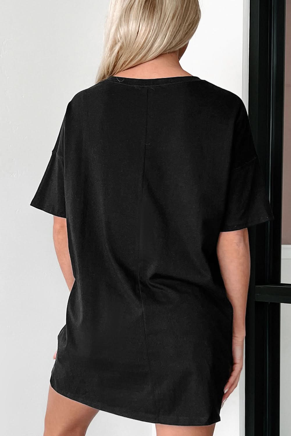 Black Solid Color Round Neck Basic Tunic T Shirt 