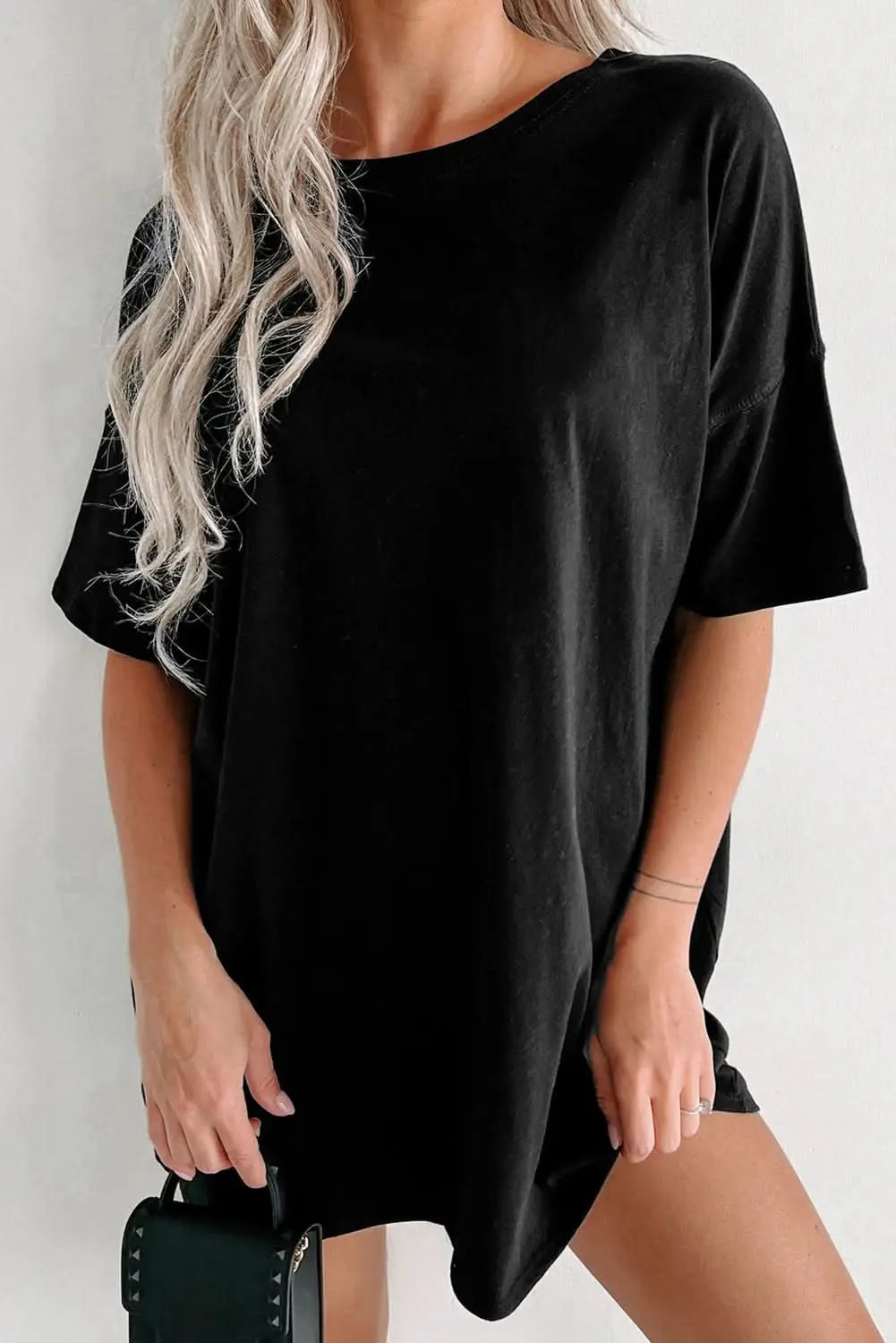 Black Solid Color Round Neck Basic Tunic T Shirt - Love Salve 