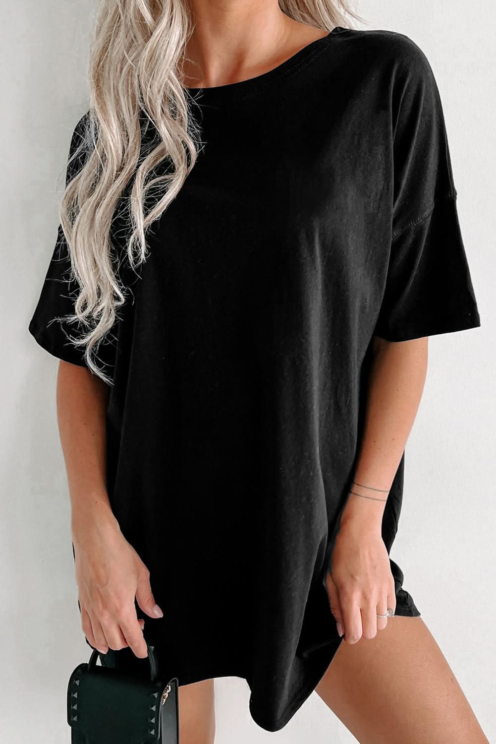Black Solid Color Round Neck Basic Tunic T Shirt 