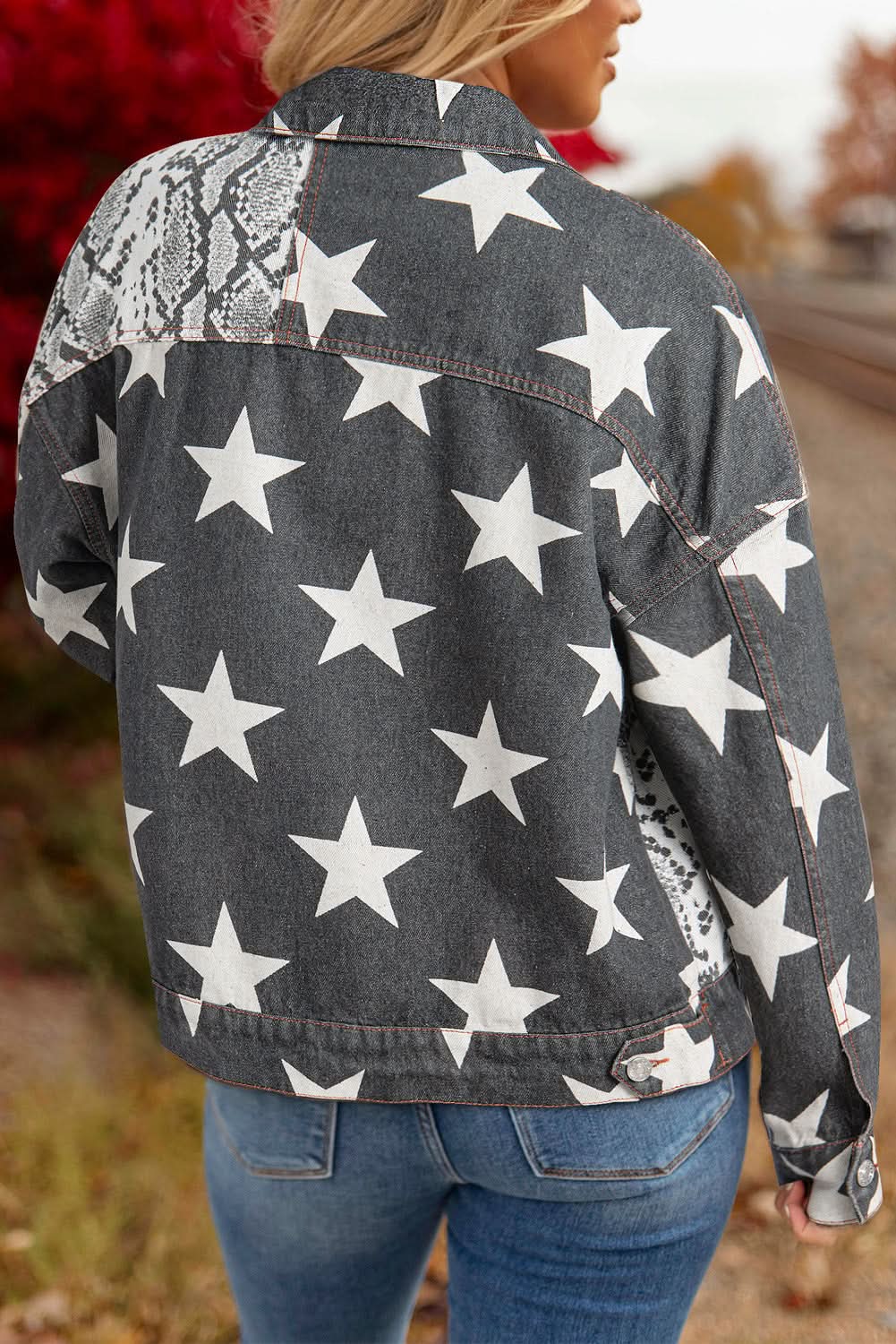 Black Star Snakeskin Printed Patchwork Denim Jacket - Love Salve 