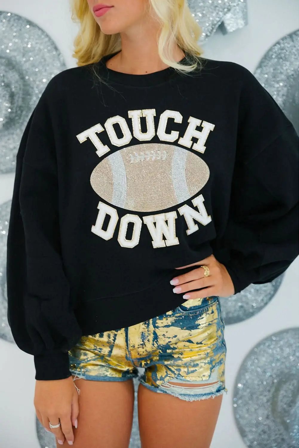 Black TOUCH DOWN Football Graphic Pullover Sweatshirt - Love Salve 