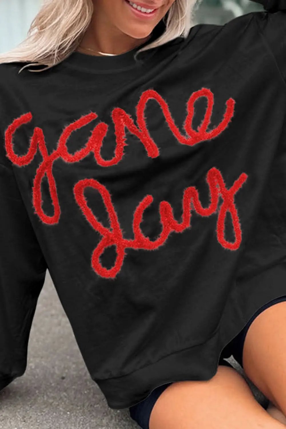 Black Tinsel Game Day Drop Shoulder Graphic Sweatshirt - Love Salve 