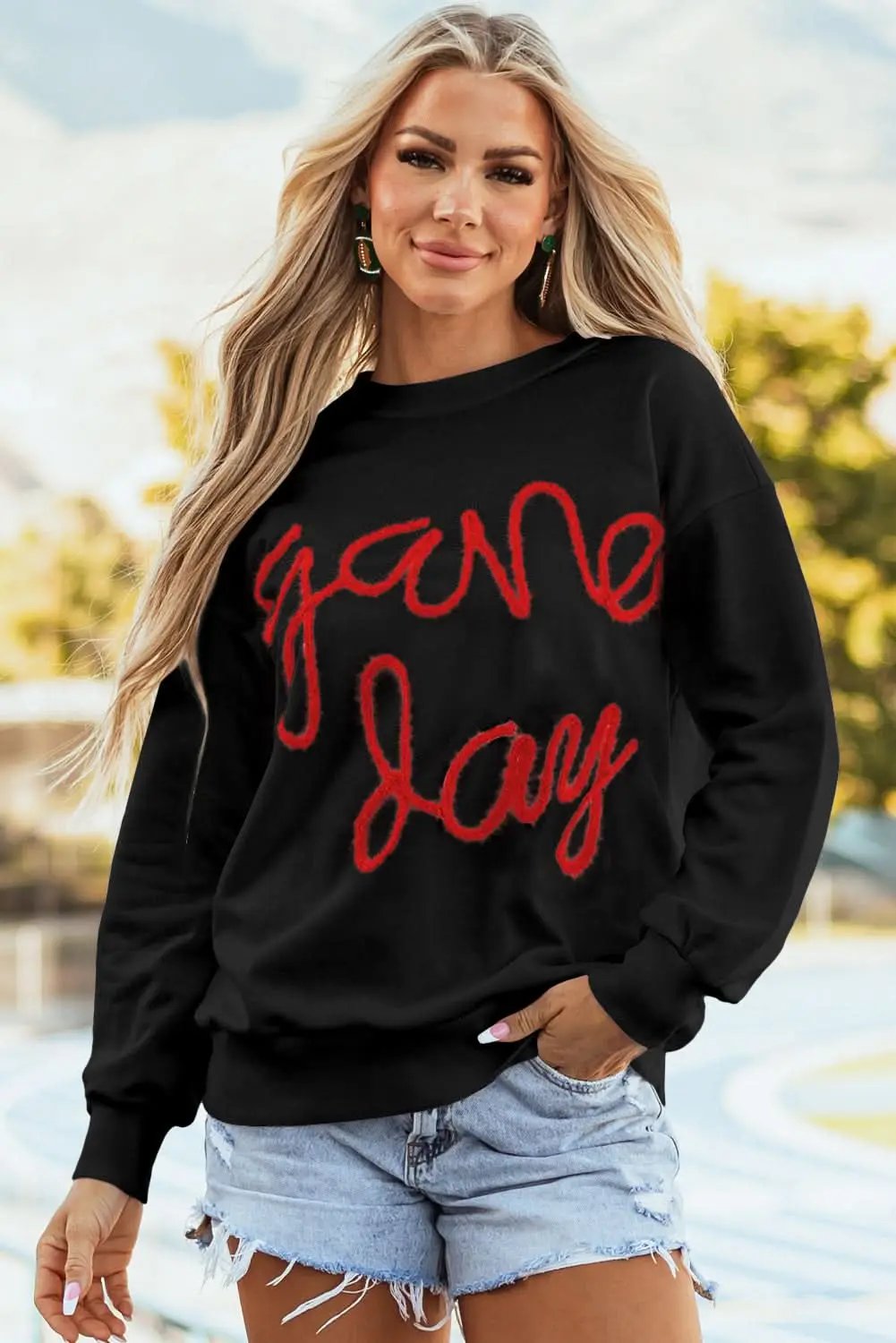 Black Tinsel Game Day Drop Shoulder Graphic Sweatshirt - Love Salve 