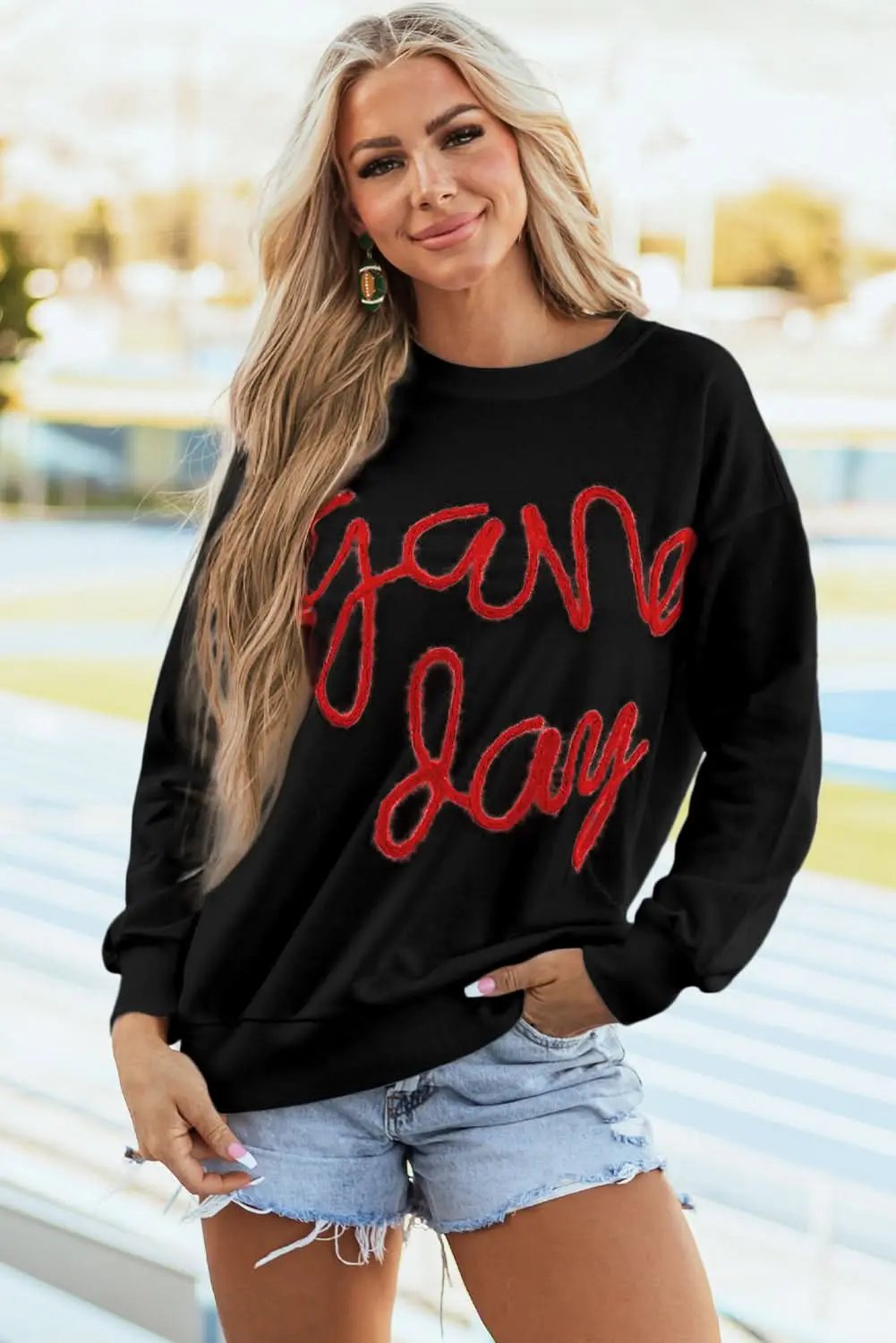 Black Tinsel Game Day Drop Shoulder Graphic Sweatshirt - Love Salve 