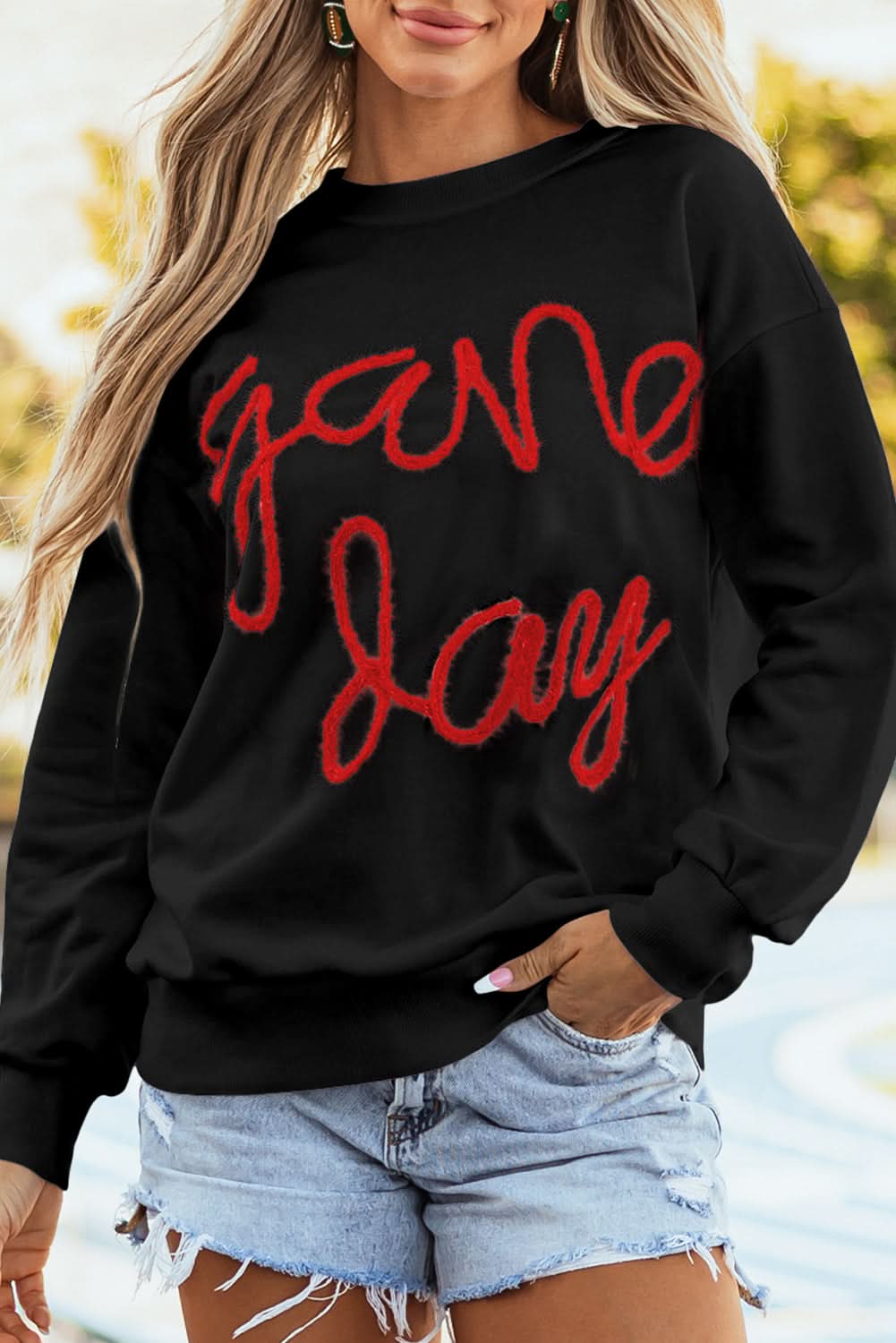 Black Tinsel Game Day Drop Shoulder Graphic Sweatshirt - Love Salve 