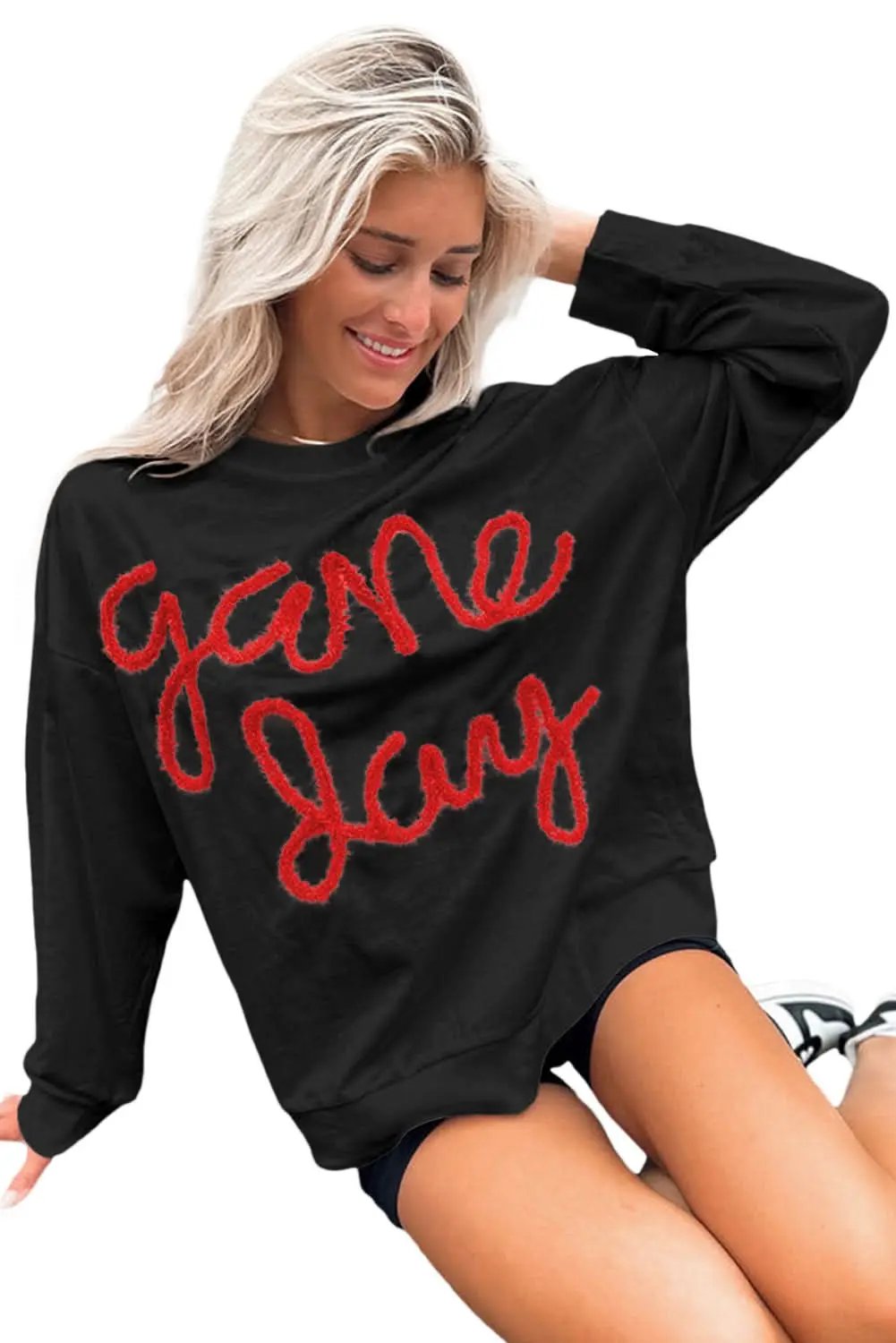Black Tinsel Game Day Drop Shoulder Graphic Sweatshirt - Love Salve 