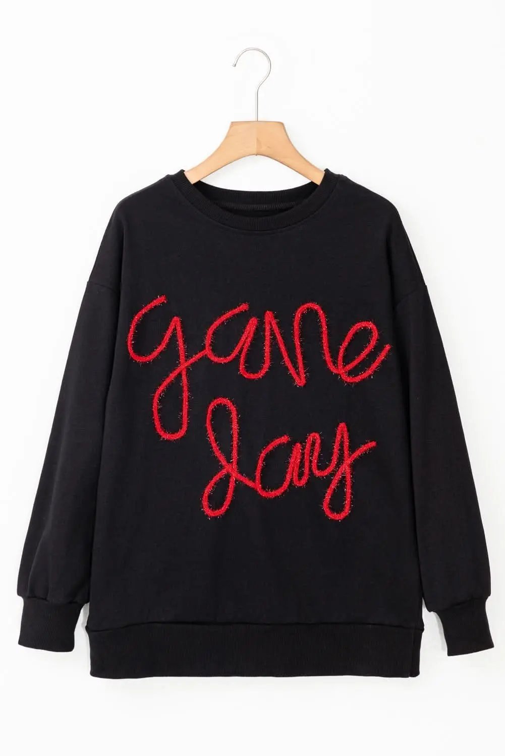 Black Tinsel Game Day Drop Shoulder Graphic Sweatshirt - Love Salve 