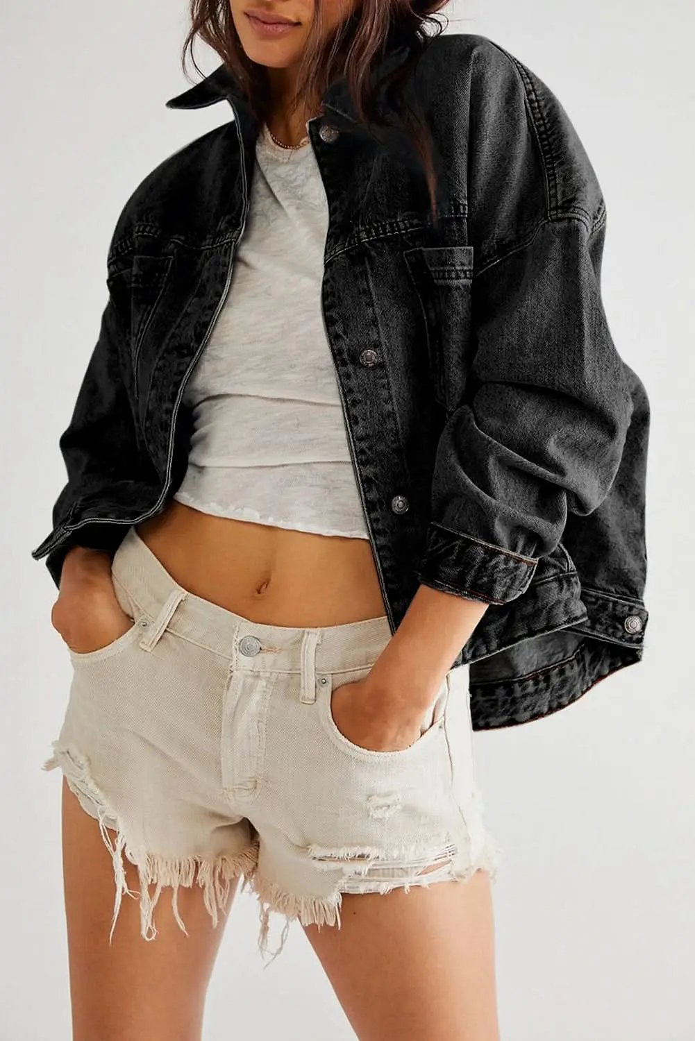 Black Washed Oversize Pocketed Denim Jacket - Love Salve 