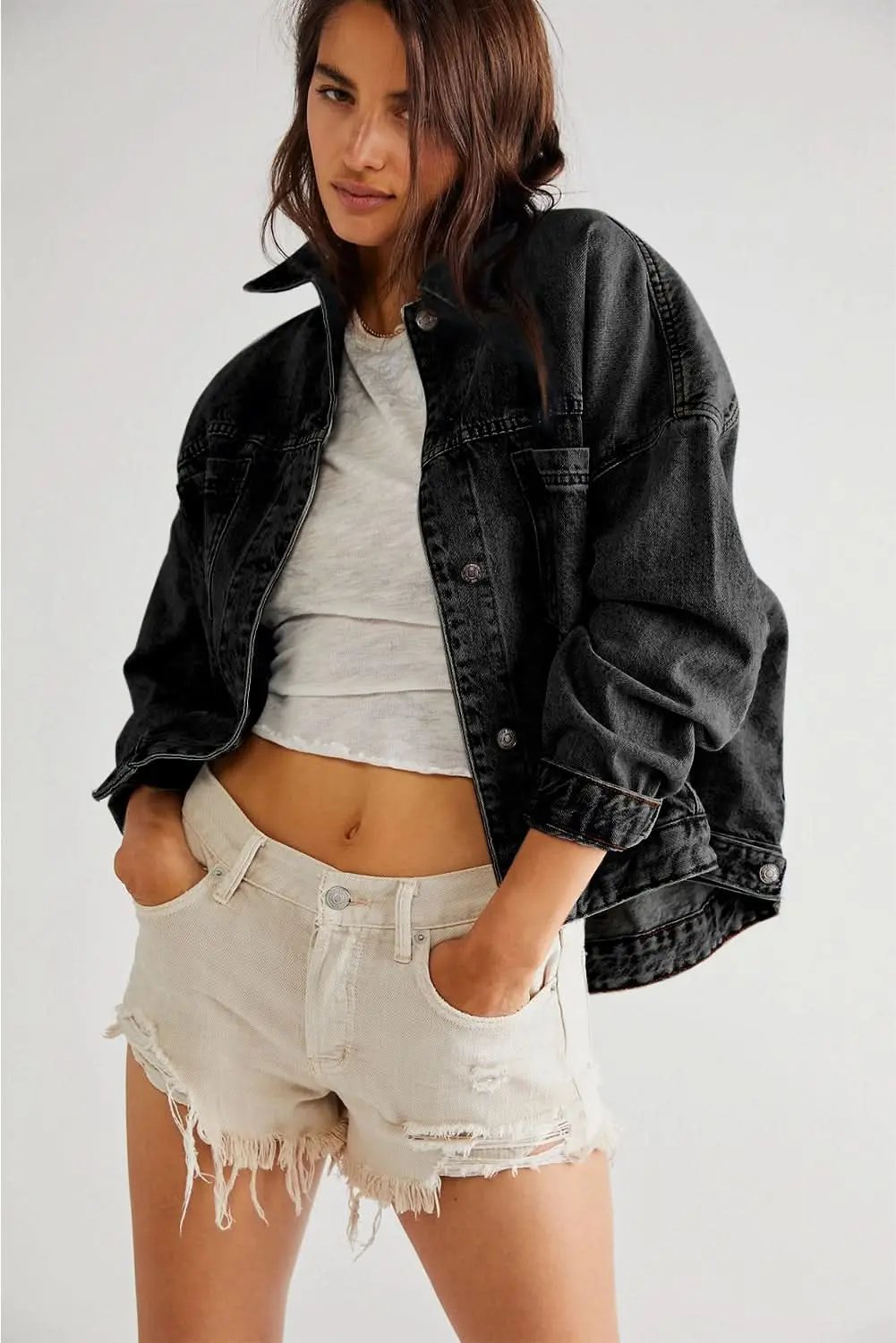 Black Washed Oversize Pocketed Denim Jacket - Love Salve 