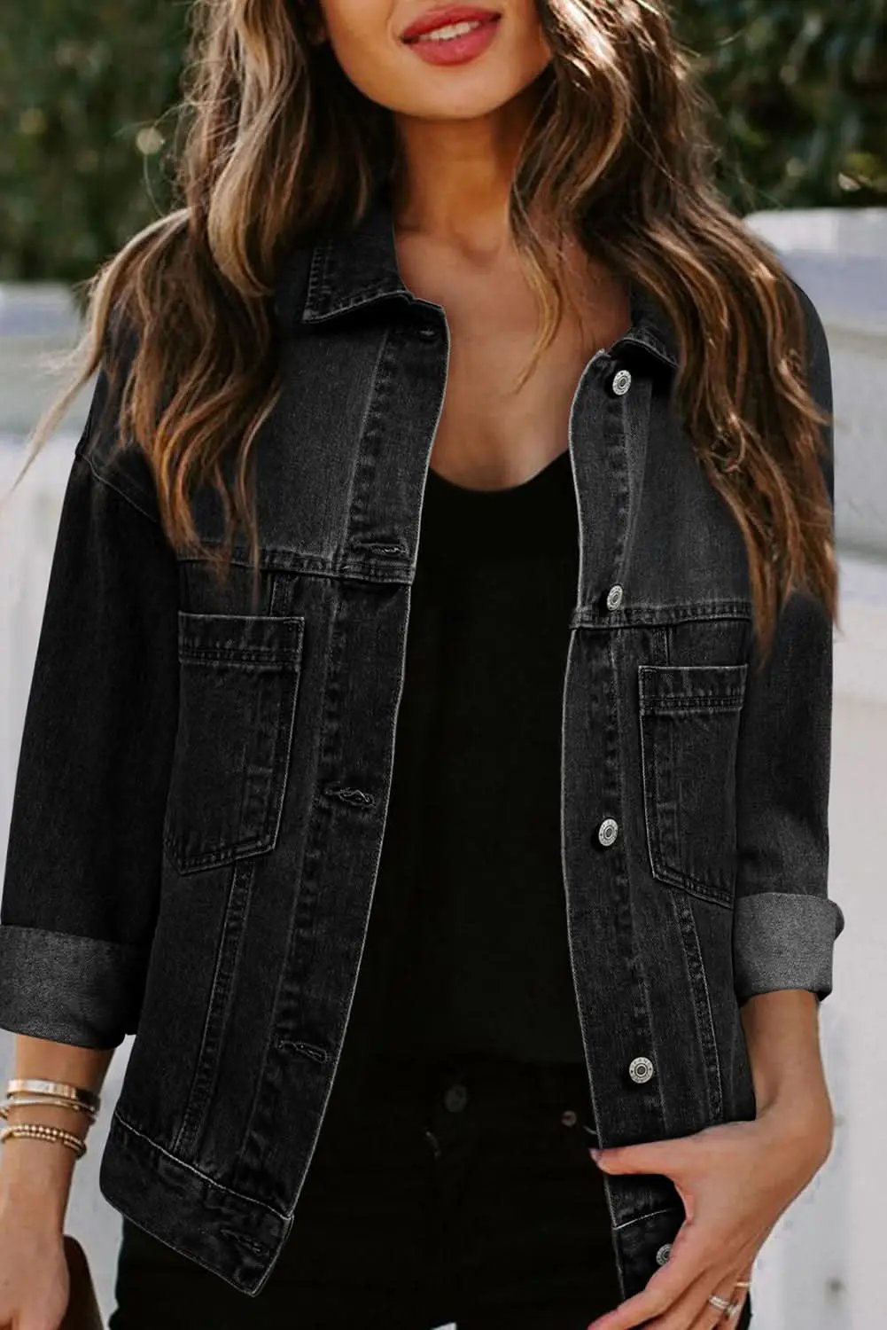 Black Washed Oversize Pocketed Denim Jacket - Love Salve 