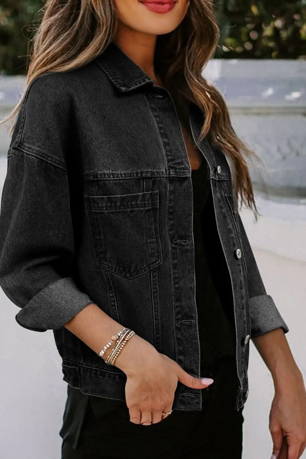 Black Washed Oversize Pocketed Denim Jacket - Love Salve 