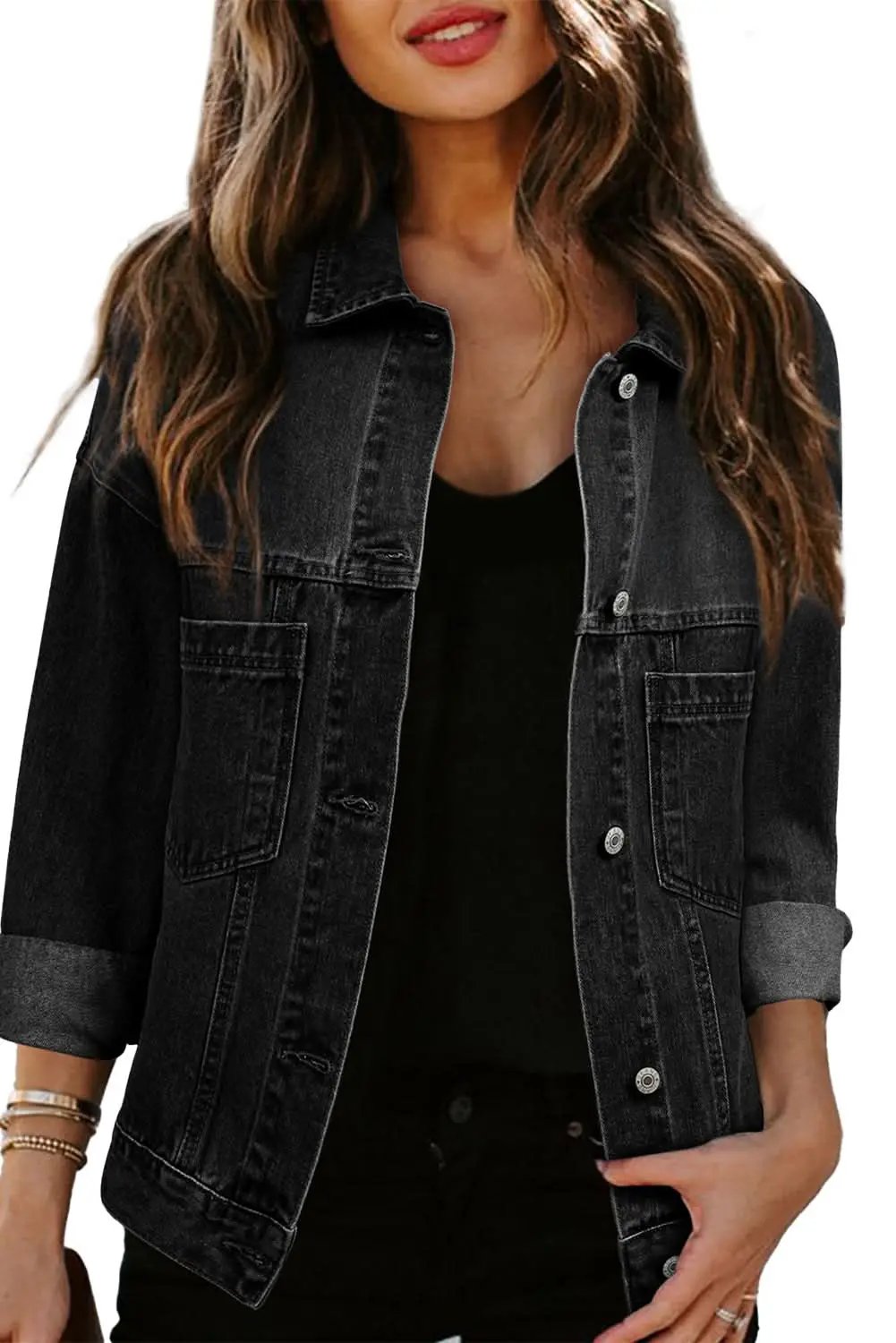 Black Washed Oversize Pocketed Denim Jacket - Love Salve 