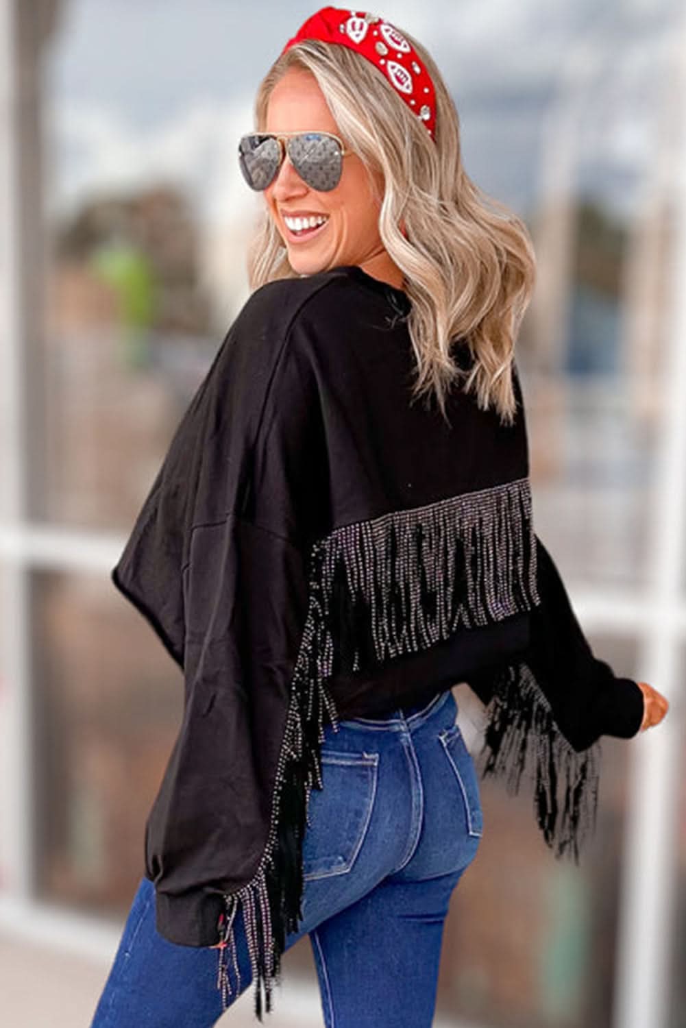 Black cropped rugby sweatshirt with tassels and sequins - Love Salve 