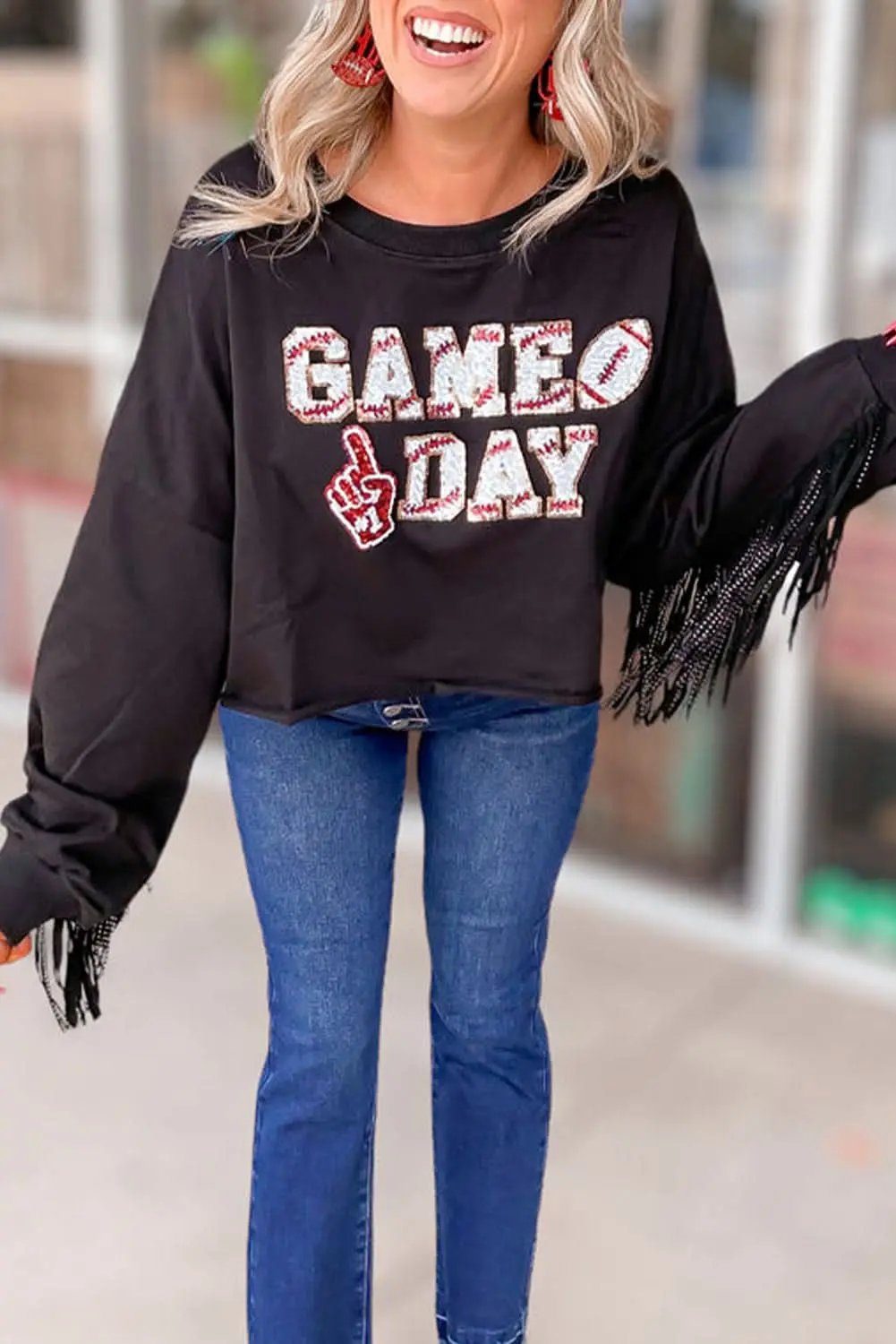 Black cropped rugby sweatshirt with tassels and sequins - Love Salve 