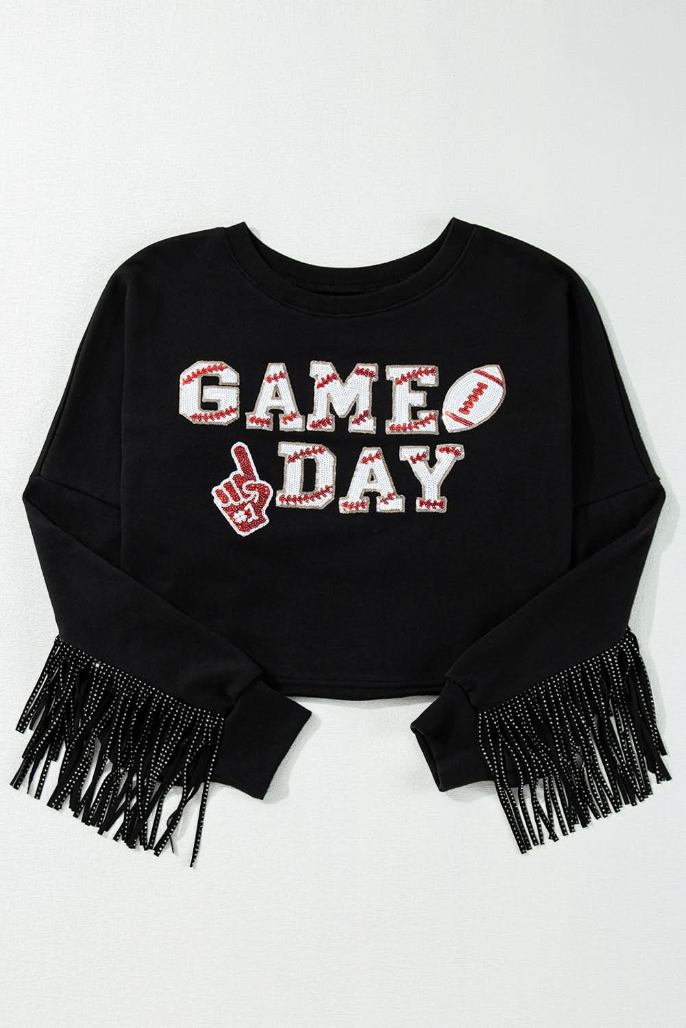 Black cropped rugby sweatshirt with tassels and sequins - Love Salve 