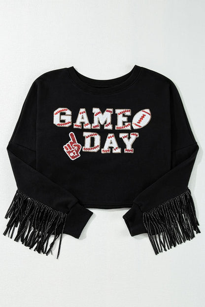 Black cropped rugby sweatshirt with tassels and sequins - Love Salve 