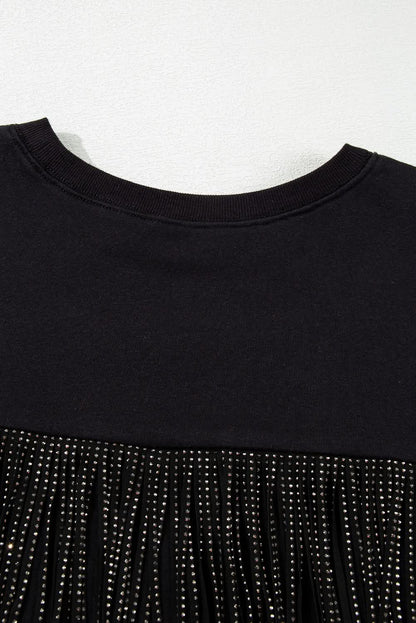 Black cropped rugby sweatshirt with tassels and sequins - Love Salve 