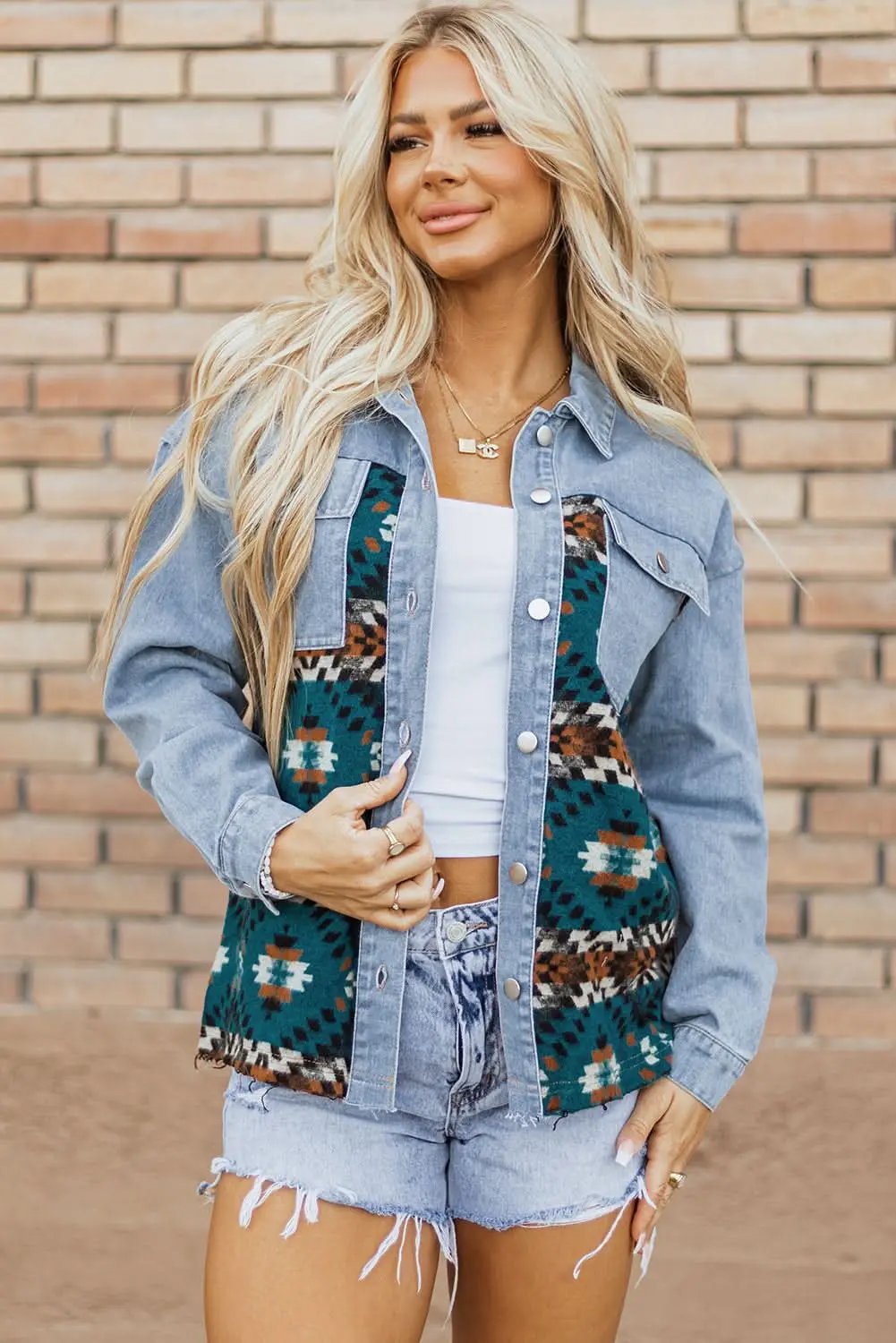 Blue Aztec Printed Denim Jacket - Love Salve 