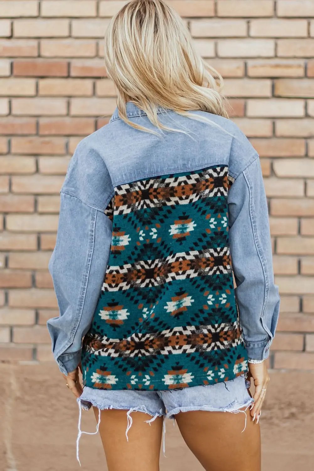 Blue Aztec Printed Denim Jacket - Love Salve 