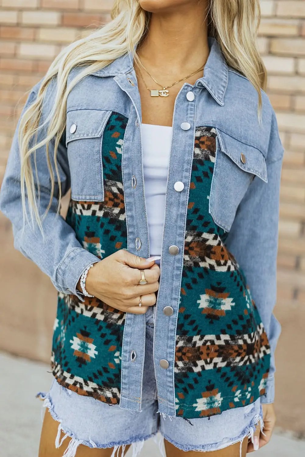 Blue Aztec Printed Denim Jacket - Love Salve 