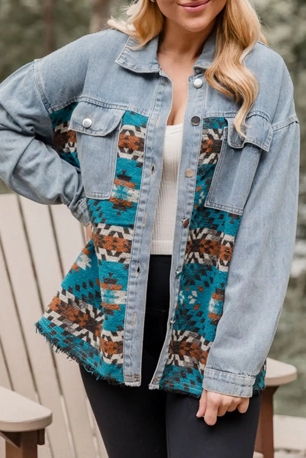 Blue Aztec Printed Denim Jacket - Love Salve 