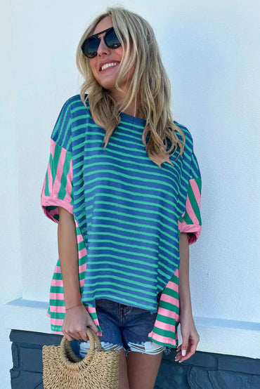 Blue Stripe Colorblock Patchwork Baggy T Shirt - Love Salve 