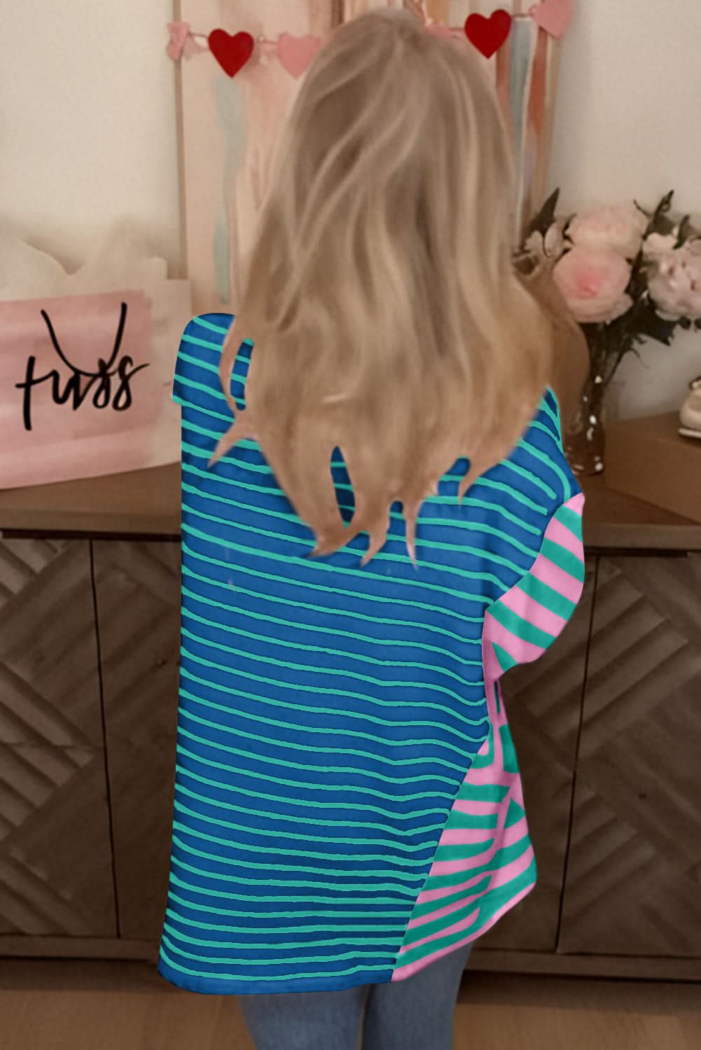 Blue Stripe Colorblock Patchwork Baggy T Shirt - Love Salve 