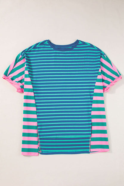 Blue Stripe Colorblock Patchwork Baggy T Shirt - Love Salve 