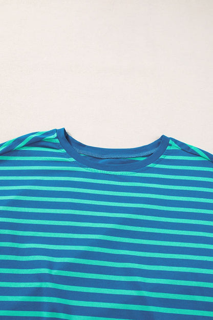 Blue Stripe Colorblock Patchwork Baggy T Shirt - Love Salve 