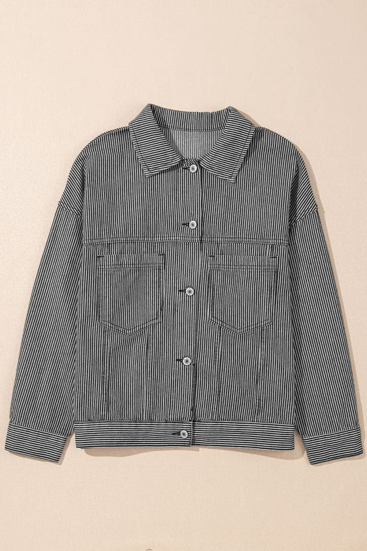 Blue Stripe Washed Oversize Pocketed Denim Jacket - Love Salve 