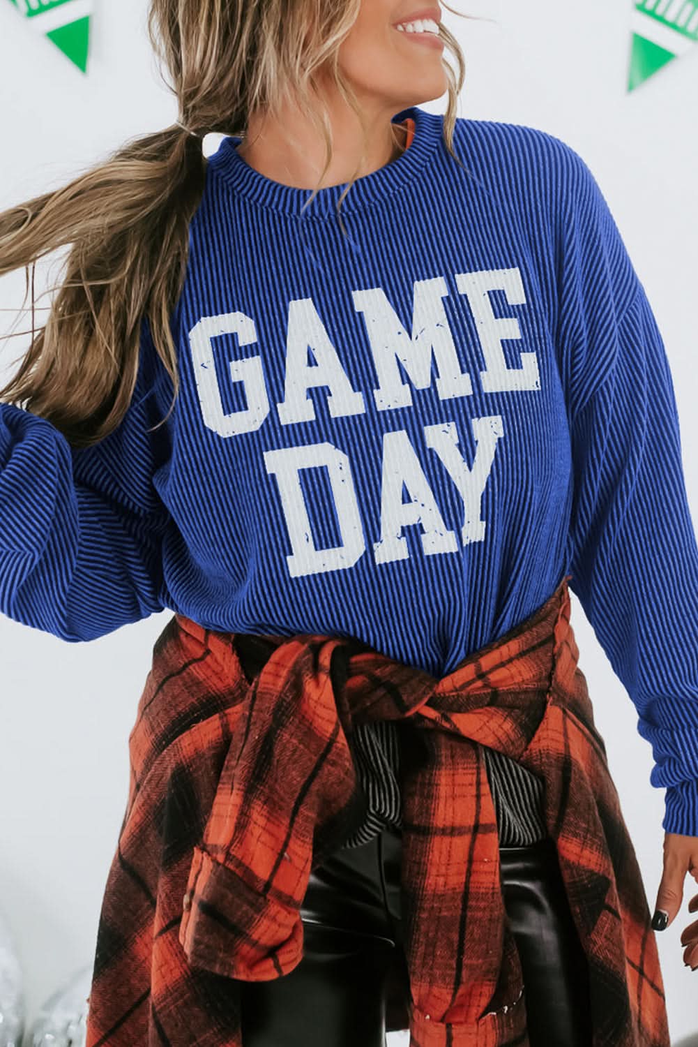 Bluing Corded GAME DAY Graphic Long Sleeve Crewneck Top - Love Salve 