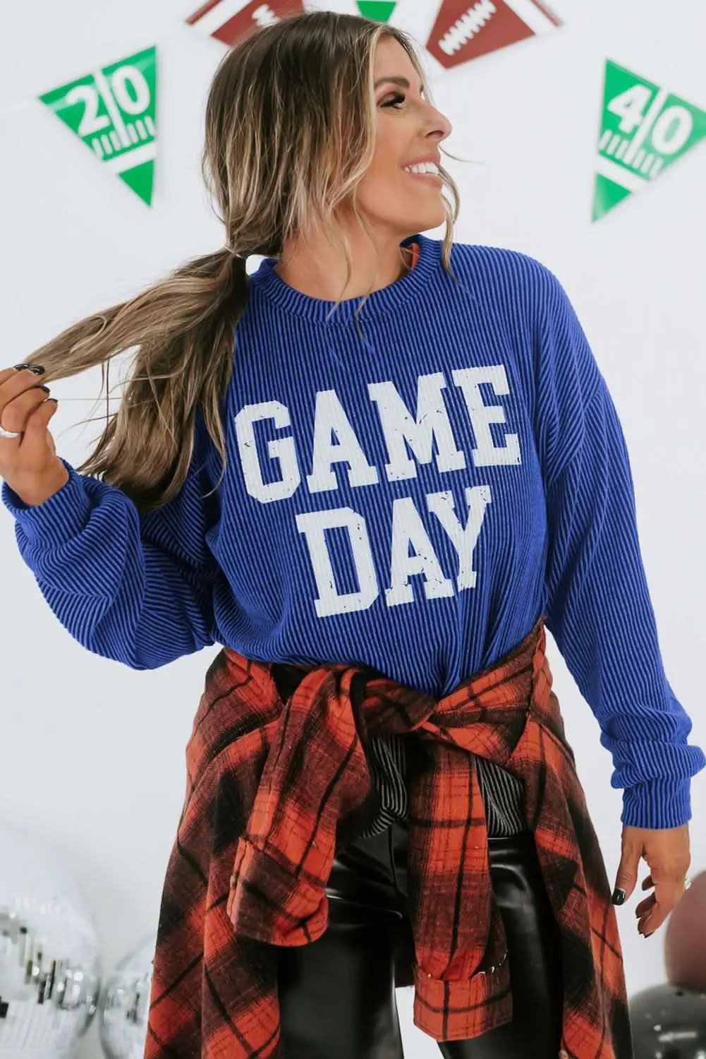 Bluing Corded GAME DAY Graphic Long Sleeve Crewneck Top - Love Salve 