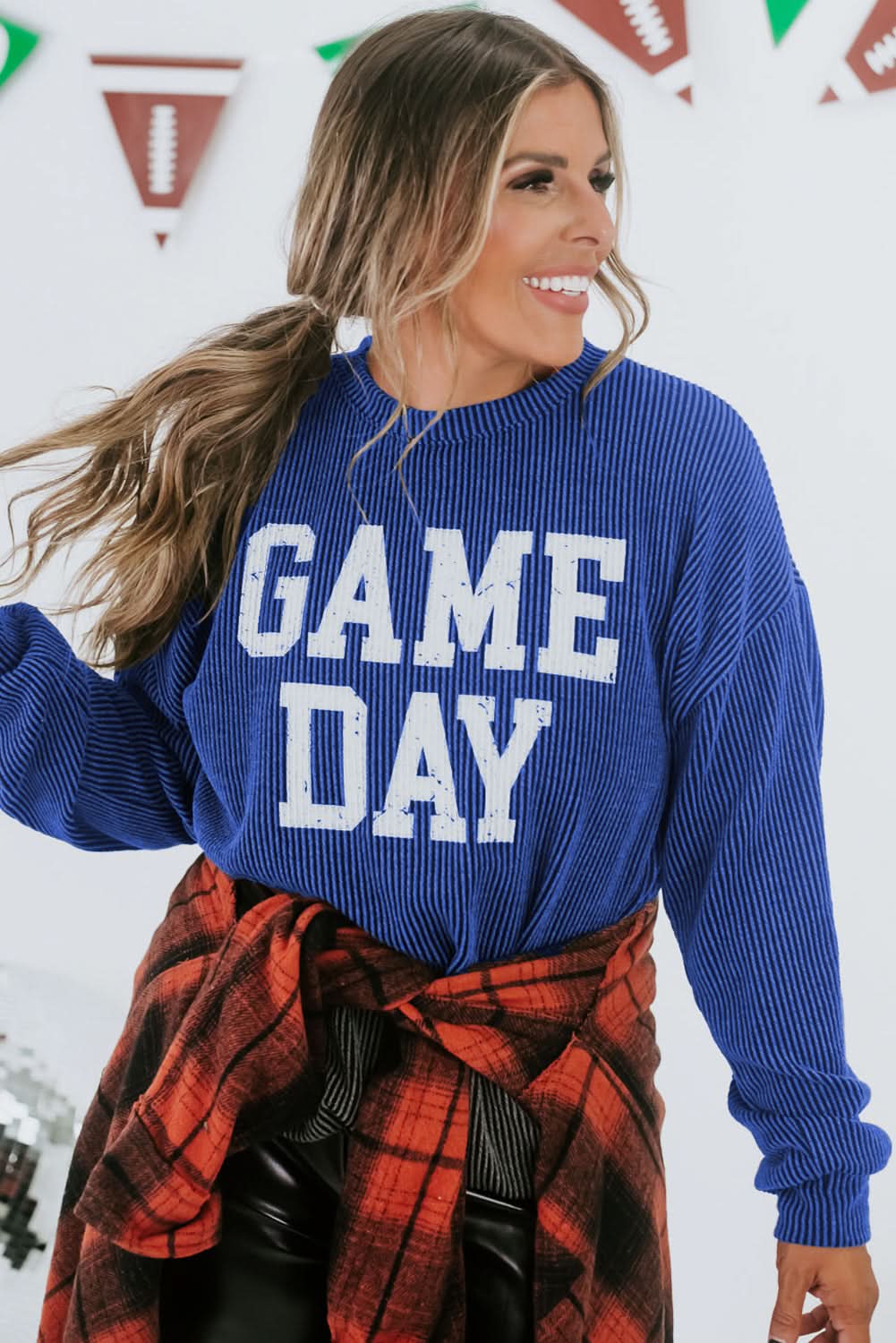 Bluing Corded GAME DAY Graphic Long Sleeve Crewneck Top - Love Salve 