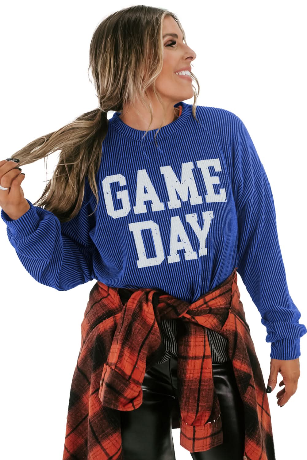 Bluing Corded GAME DAY Graphic Long Sleeve Crewneck Top - Love Salve 