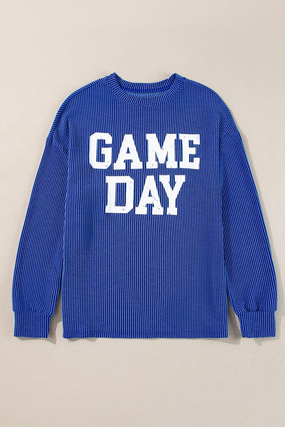 Bluing Corded GAME DAY Graphic Long Sleeve Crewneck Top - Love Salve 