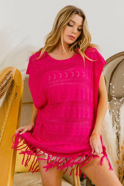 Boho Chic Fringed Hem Cotton Knit Top 