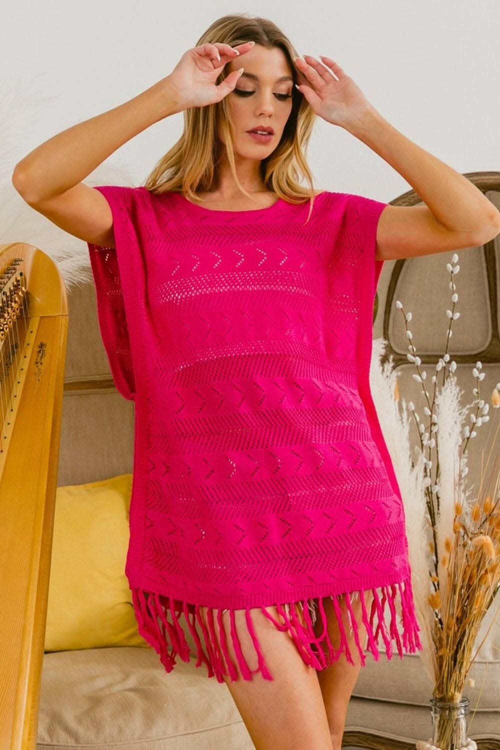 Boho Chic Fringed Hem Cotton Knit Top 