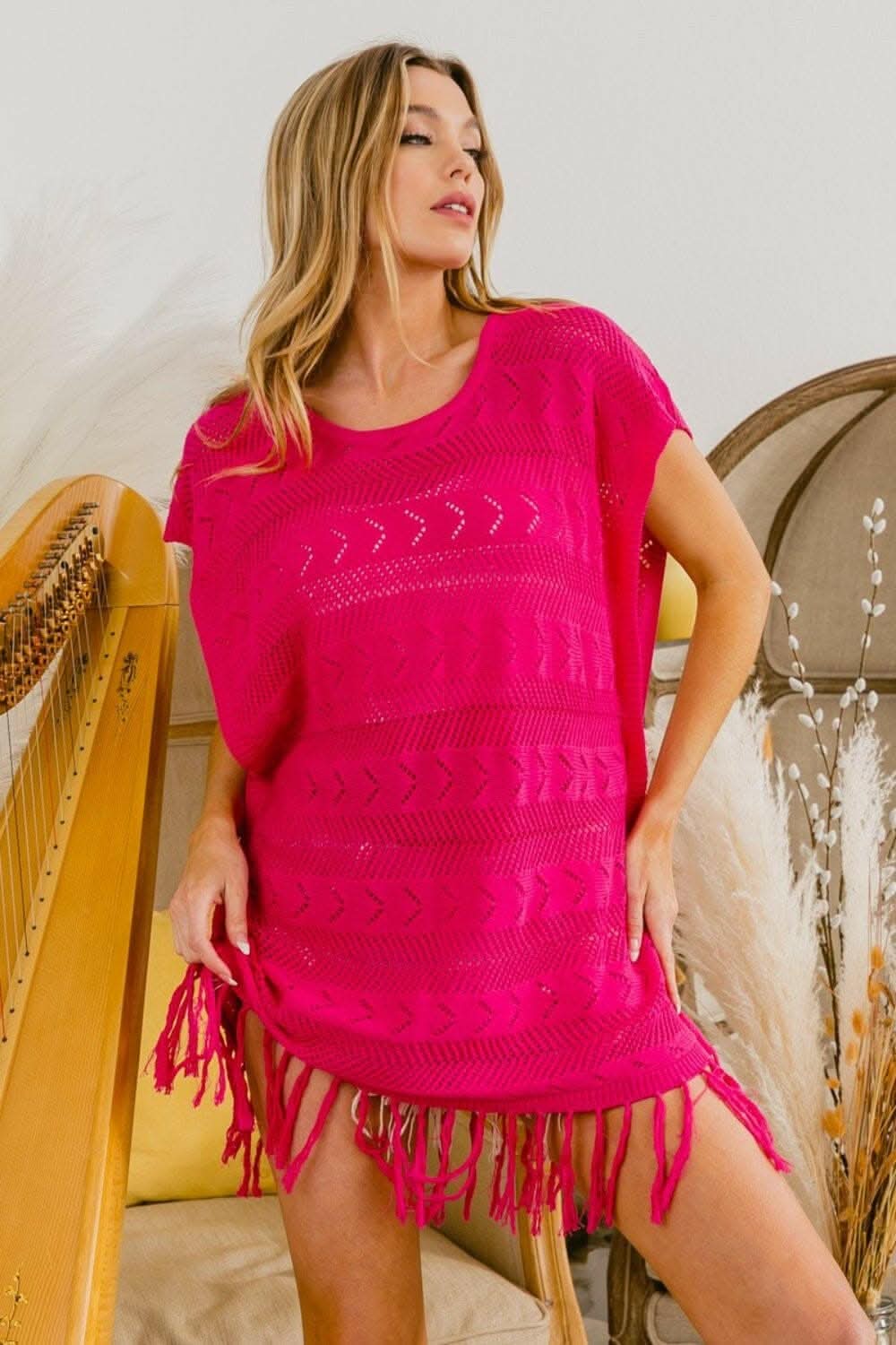 Boho Chic Fringed Hem Cotton Knit Top 