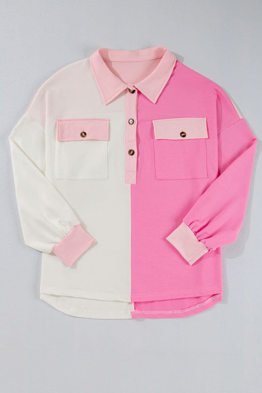 Bonbon Color Block Chest Pockets Half Button Plus Size Sweatshirt - Love Salve 