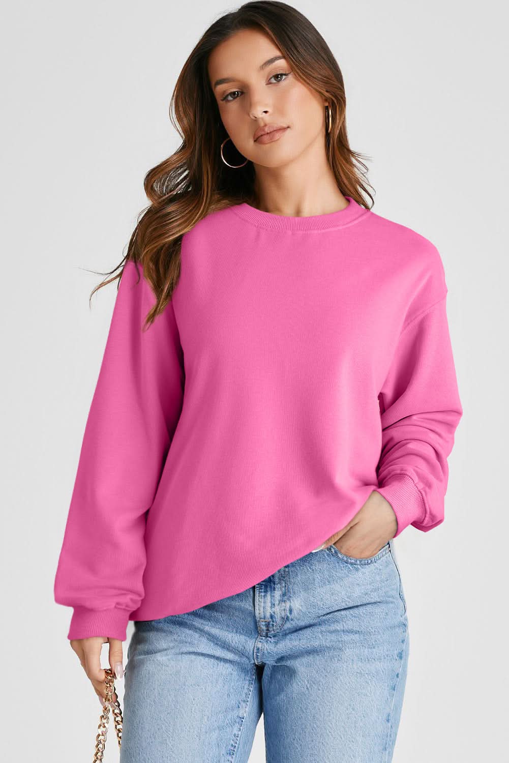 Bonbon Plain Drop Shoulder Crewneck Pullover Sweatshirt - Love Salve 