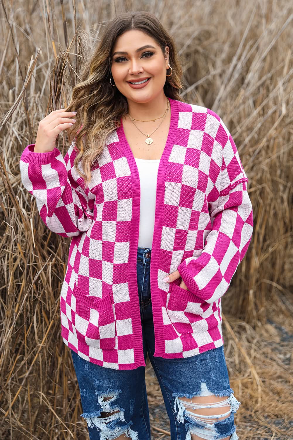 Bonbon plus size checkered cardigan 