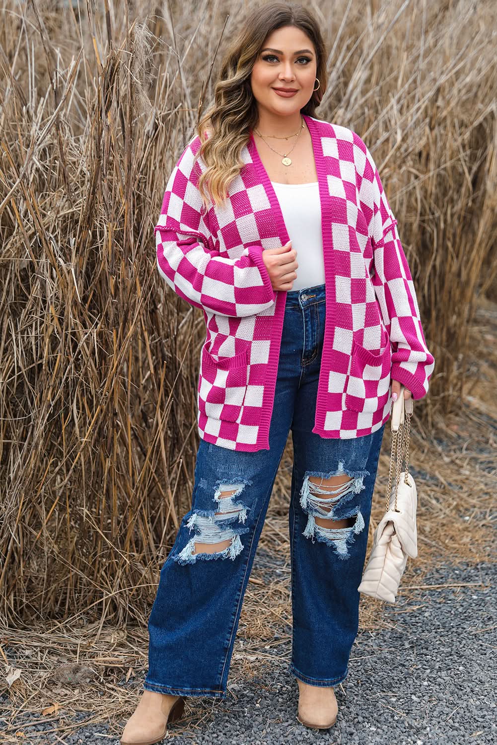 Bonbon plus size checkered cardigan 